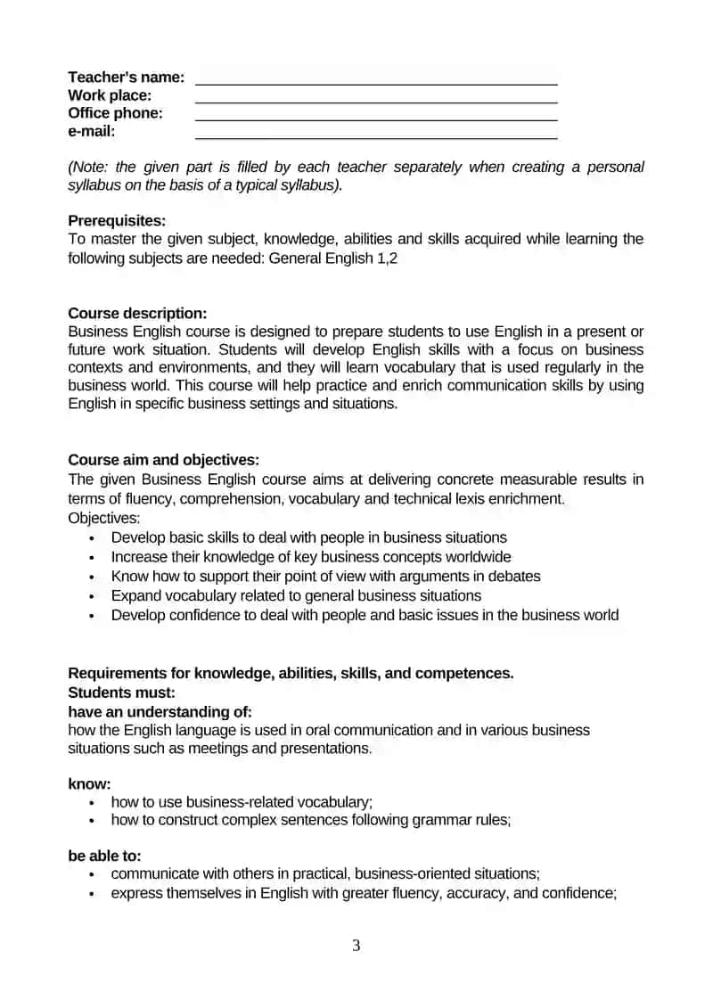 MODEL SYLLABUS on « Business English» 3
