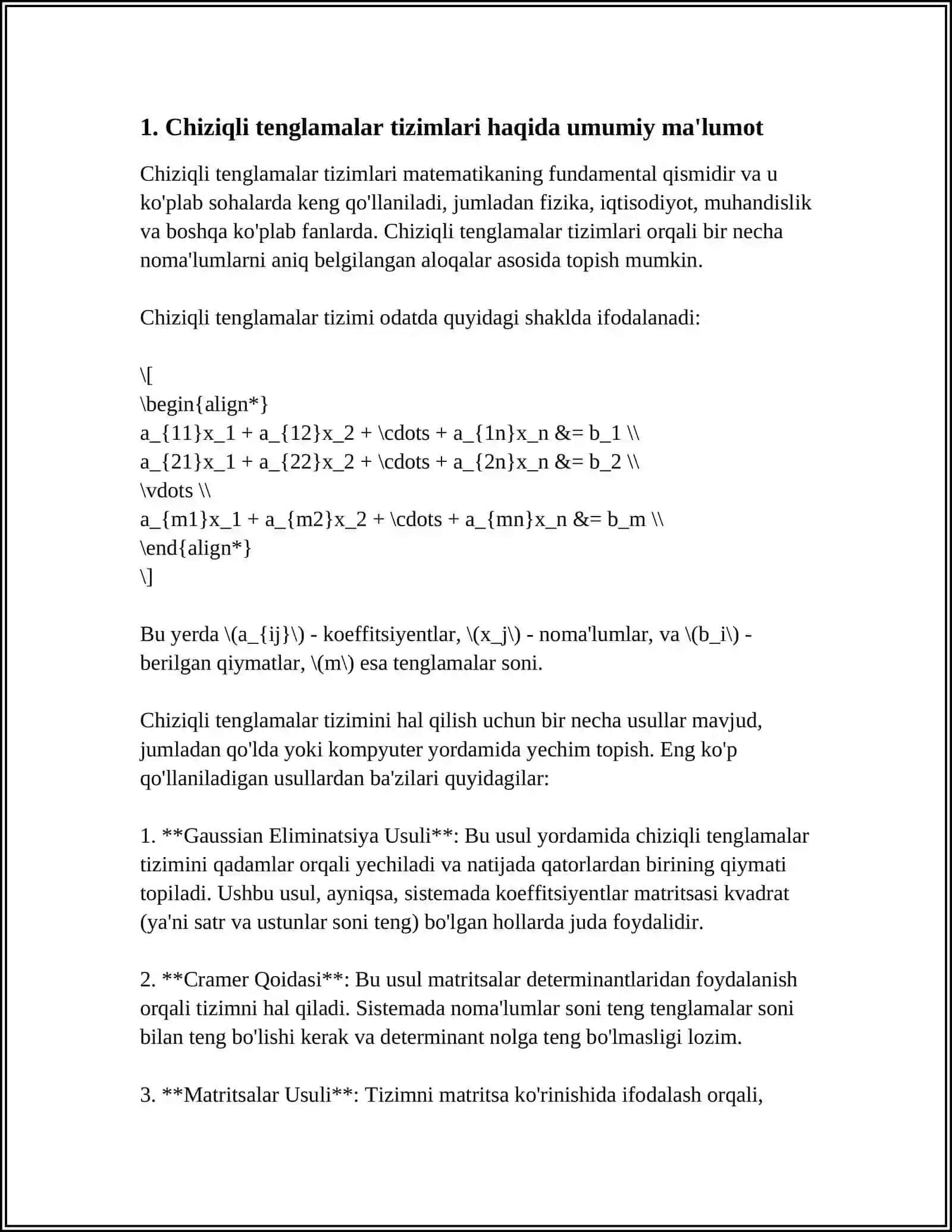 CHIZIQLI TENGLAMALAR SISTEMASI VA ULARNI KRAMEL.GAUSS USULLARI YORDAMIDA YECHISH 3