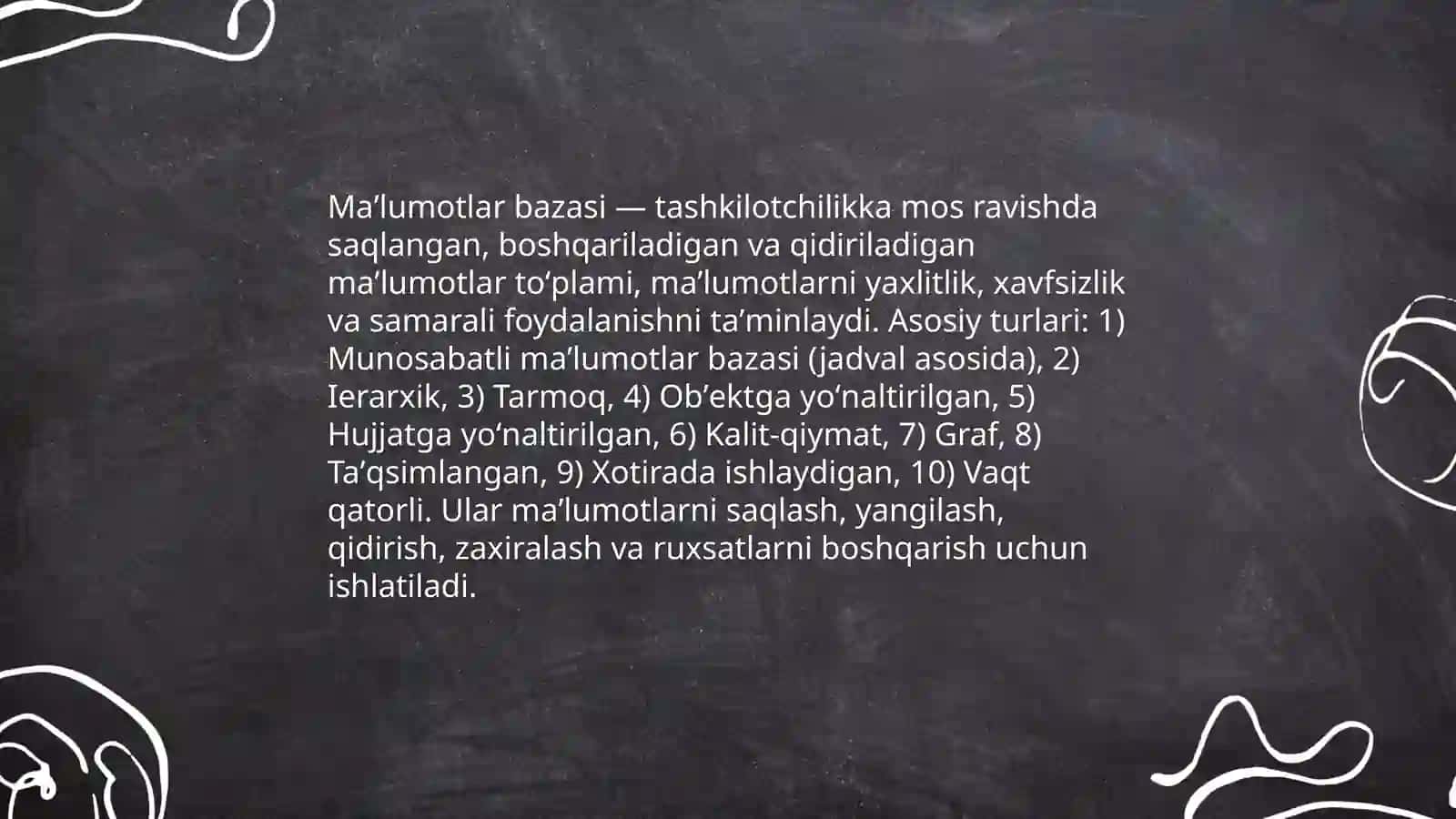 Maʼlumotlar bazasi. Ularning boshqarish tizimlari bilan ishlashni oʻrganish 3