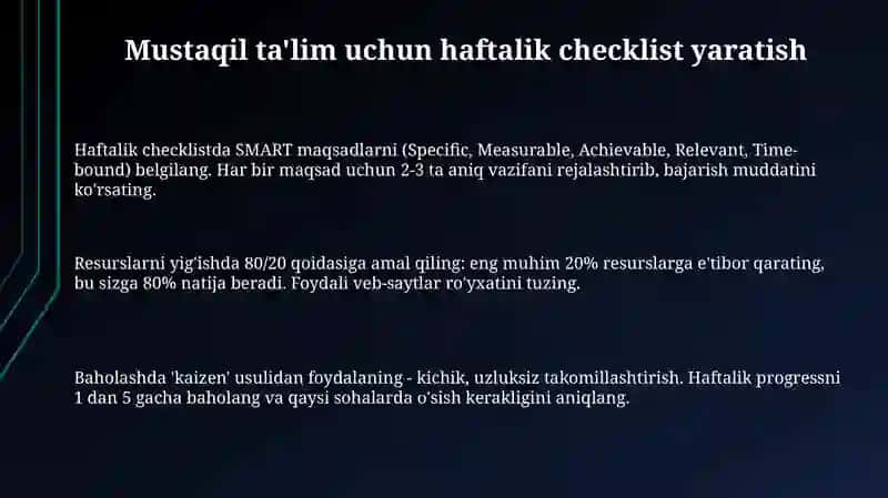 Mustaqil ta'lim uchun haftalik checklist 3