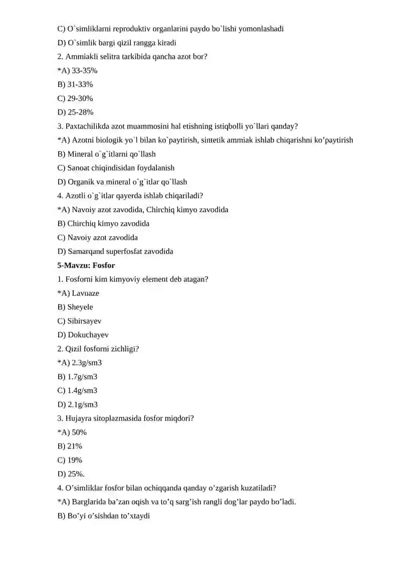 O’simliklar oziqlanishi va o’g’it fanidan test 3