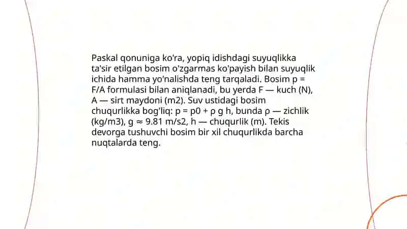 Paskal qonuni suyuqlikning tekis devorga bosim kuchi 3