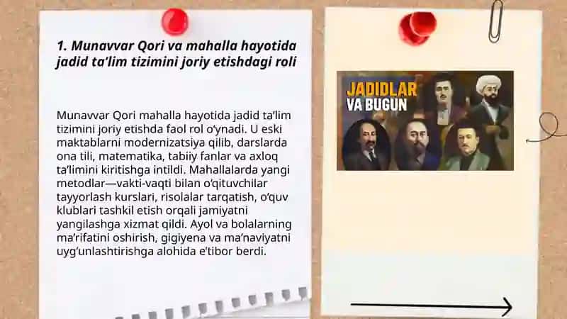 Jadid ma’rifatparvarlarining o‘lka ijtimoiy-ma’naviy hayotida tutgan o‘rni (Munavvar Qori, Fitrat, Behbudiy, Avloniy va boshq.). 3