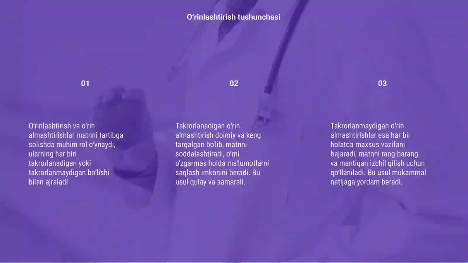 Oʻrinlashtirish va oʻrin almashtirishlar 3