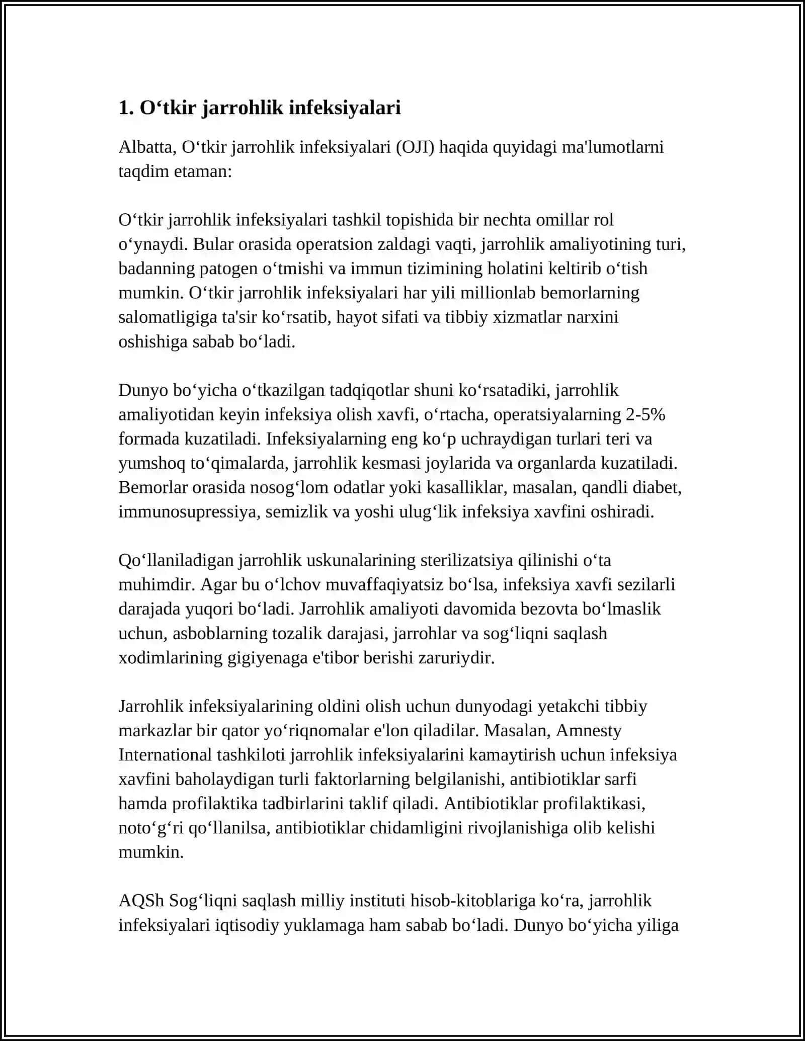 O‘TKir va Surunkali Spesifik Xirurgik Infeksiya Referat 3
