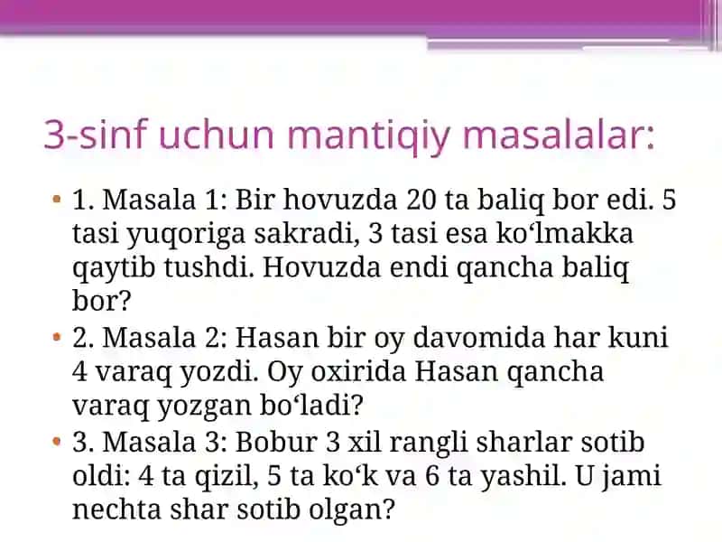 2-sinf uchun mantiqiy masalalar 3