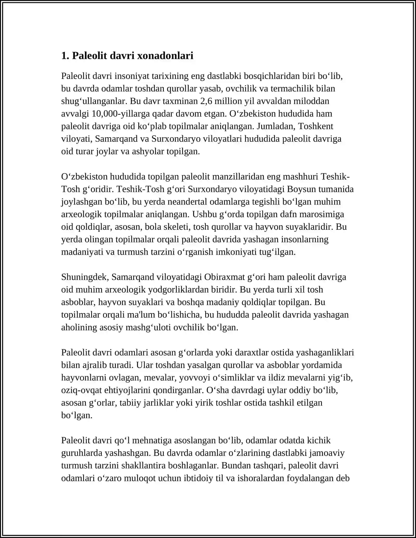 MUSTAQIL ISH Mavzu: POLEOLIT DAVRIARXEOLOGIK XÔJALIGI VA MODDIY MADANIYATI 3
