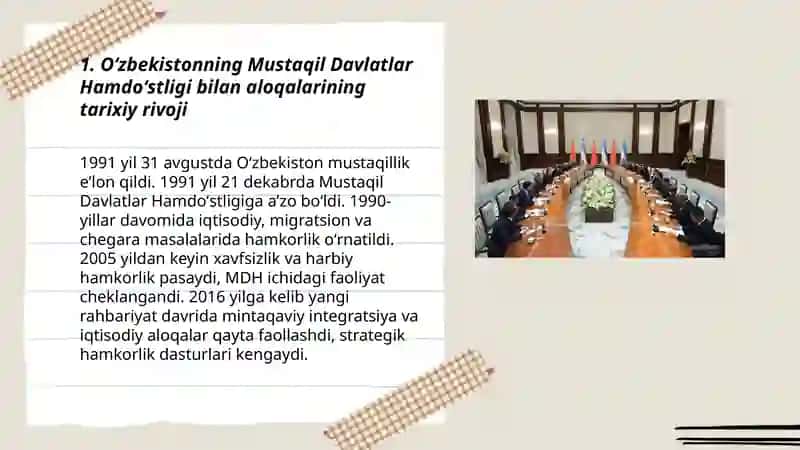 Oʻzbekistonning Mustaqil Davlatlar Hamdoʻstligi bilan aloqalari 3