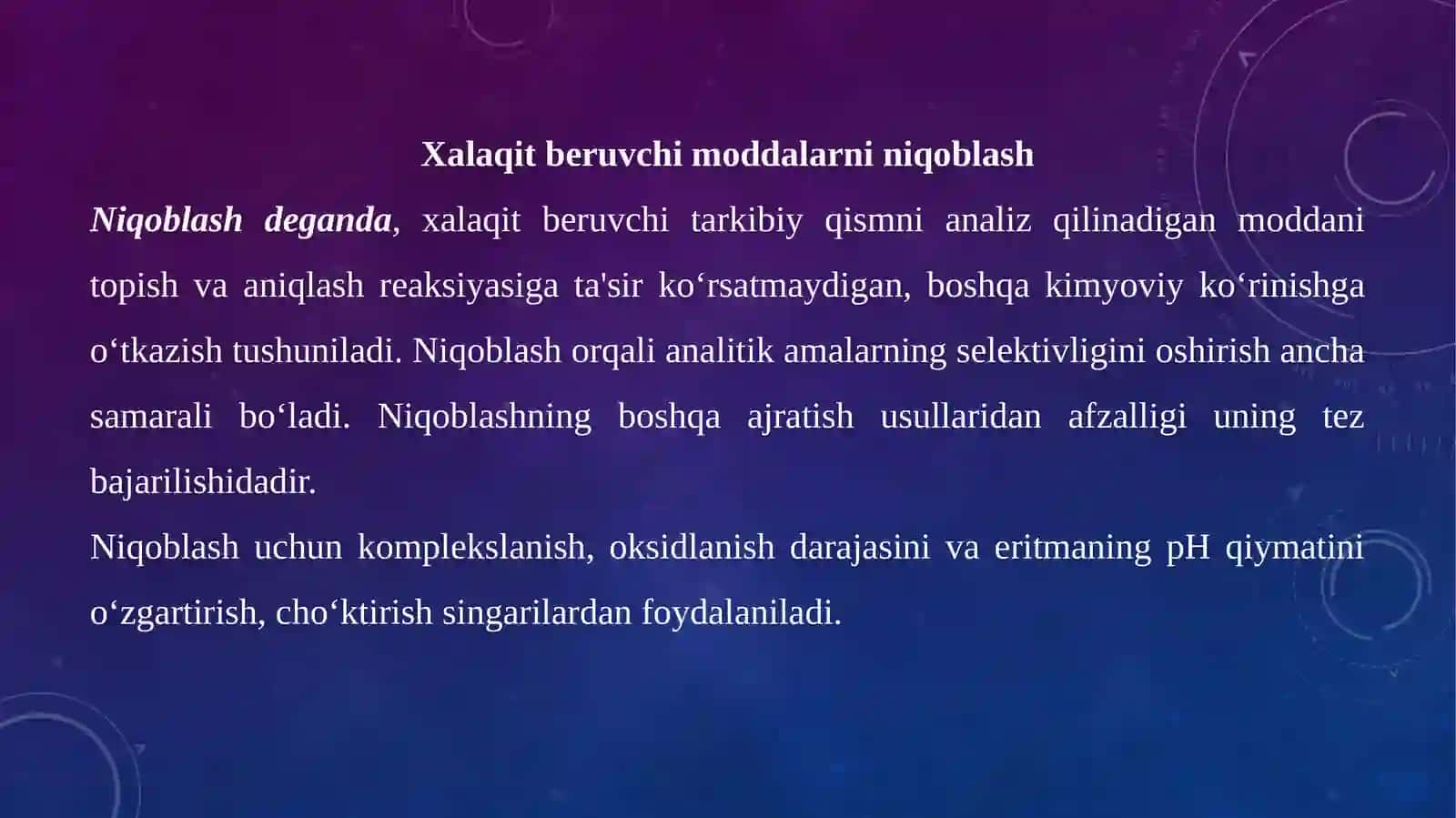 AJRATISH VA KONSENTRLASH USULLARINING ANALIZDA ISHLATILISHI. XROMOTOGRAFIYA REJA 3