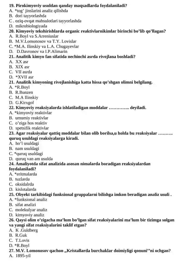 Kimyo fanidan test savollari 3