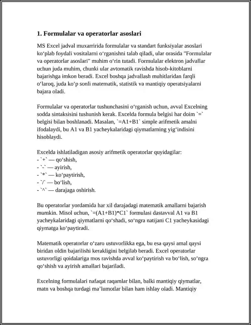 MS EXCEL JADVAL MUXARRIRIDA FORMULALAR STANDART FUNKSIYALAR 3