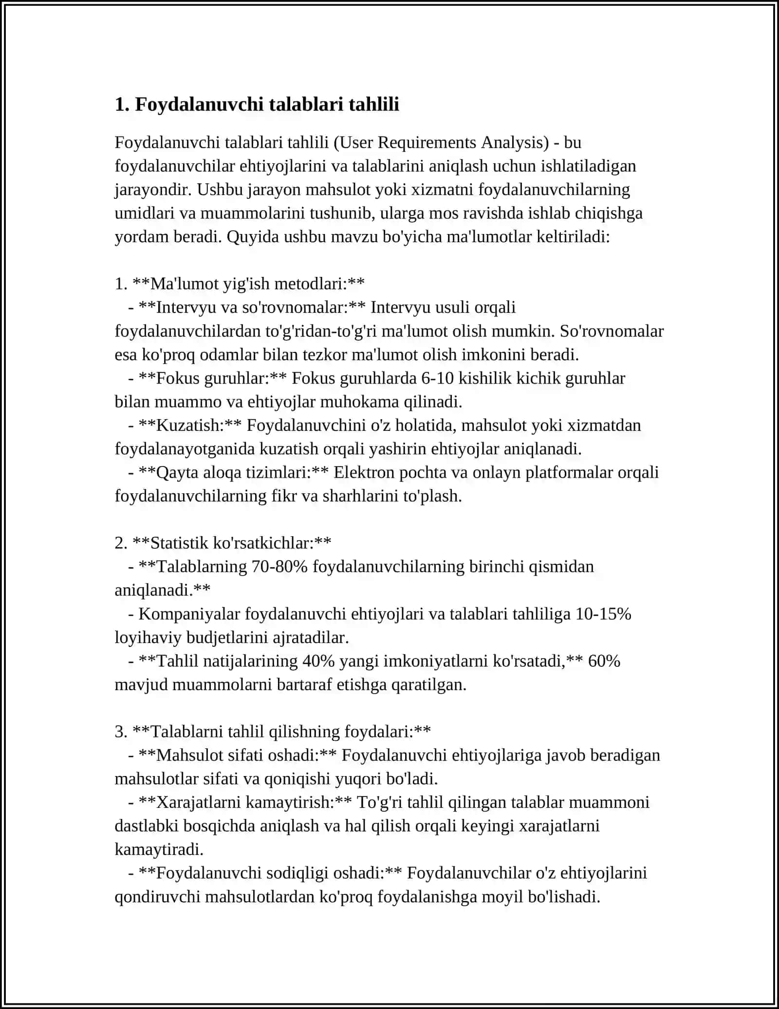 MUSTAQIL ISH Mavzu: FOYDALANUVCHI VA TIZIM TALABLARI 3