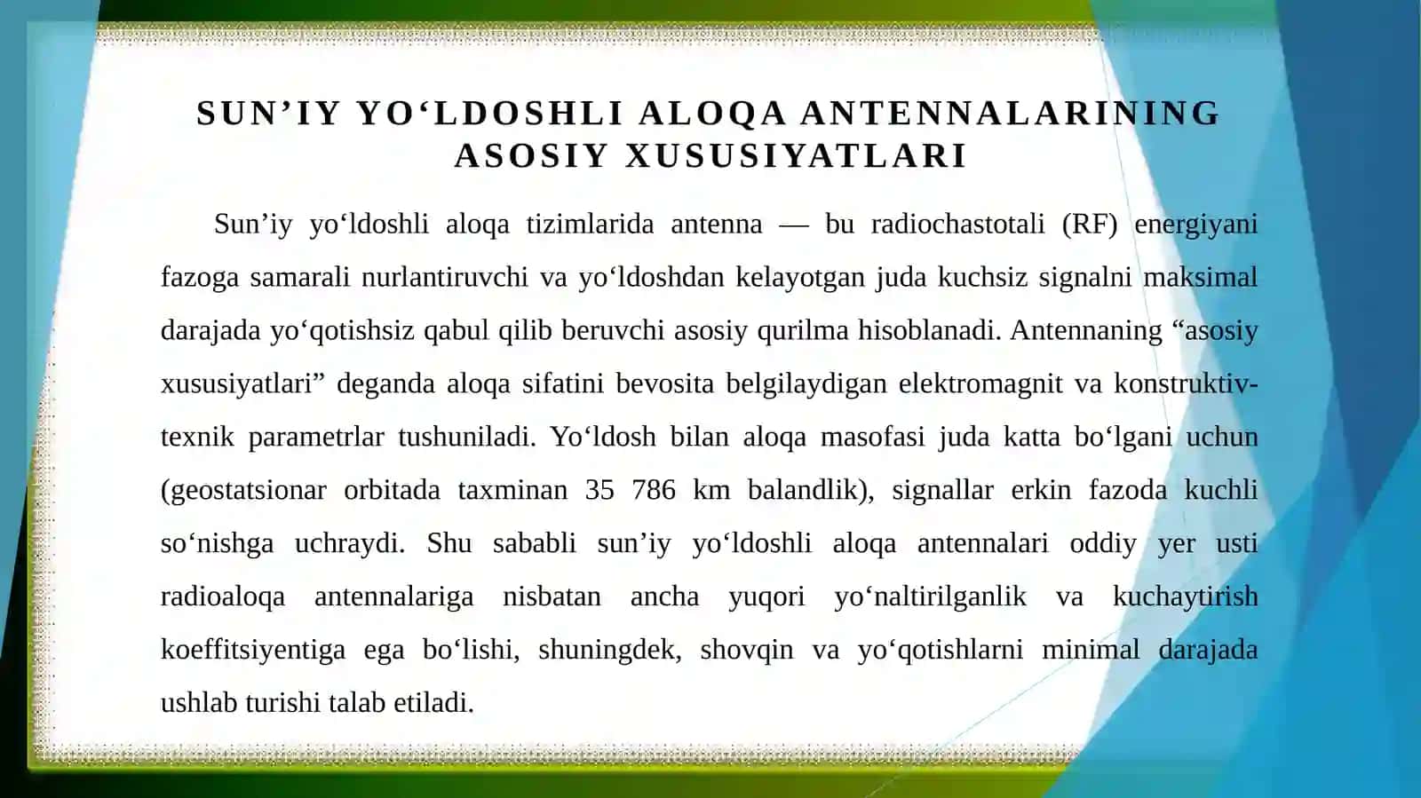 Sun'iy yo'ldoshli aloqa tizimlari antennalari 3