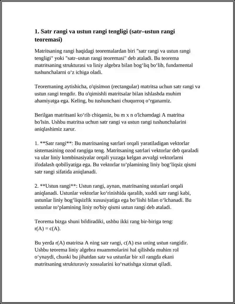 MATRITSANING RANGI HAQIDAGI TEOREMO 3