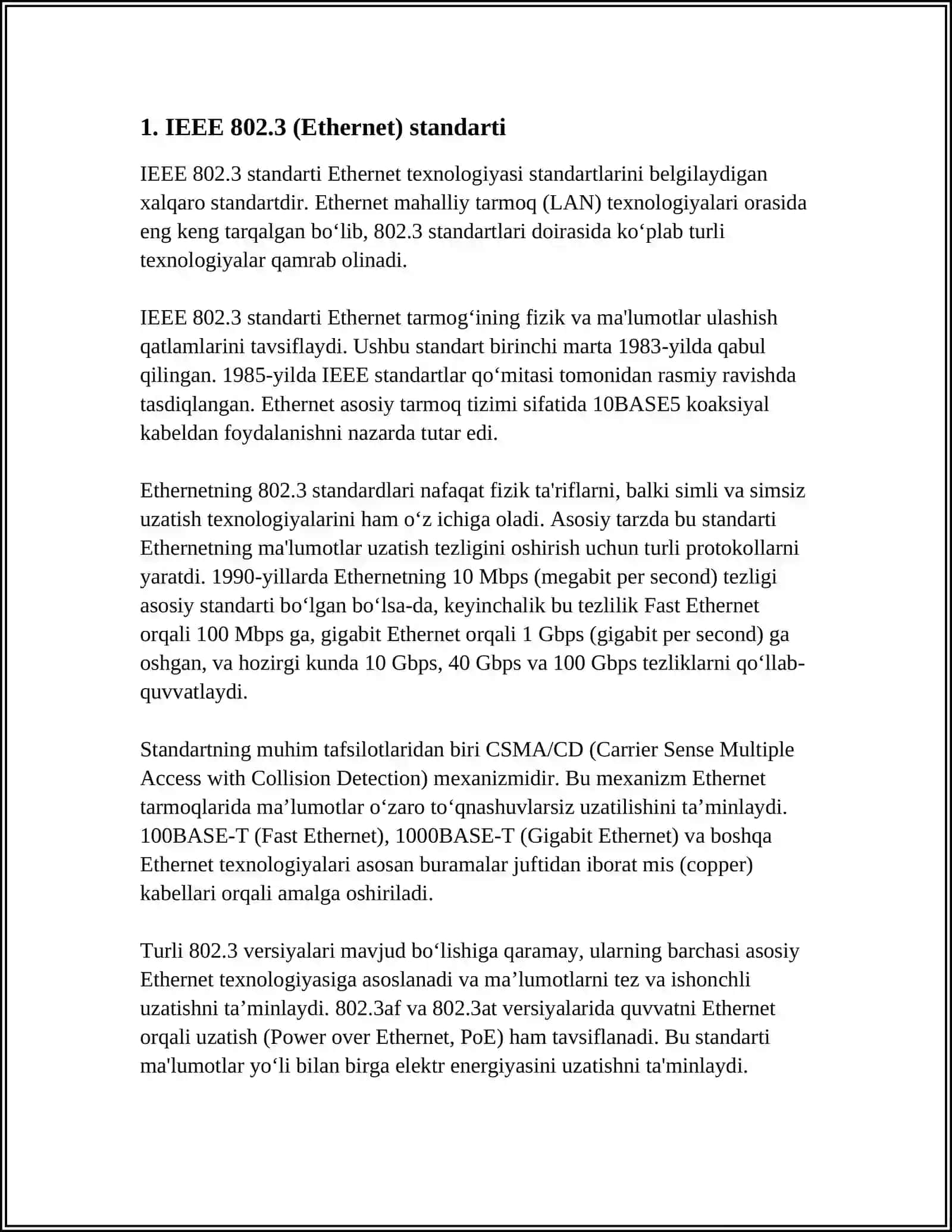 SIMLI VA SIMSIZ TARMOQ TEXNOLOGIYALARI VA MUHITLARI, IEEE 802 (IEEE 802.3, 802.11, 802.15, 802.16) STANDARTLARI 3