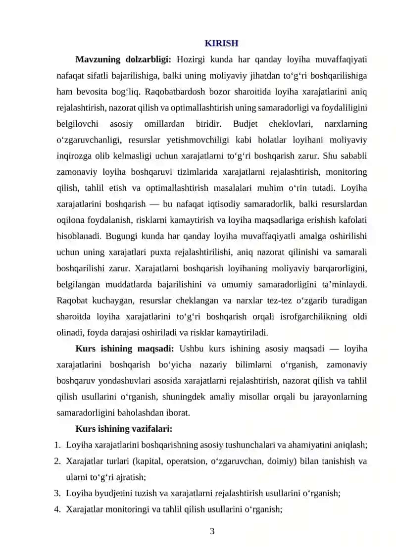 LOYIHA XARAJATLARINI BOSHQARISHNI TAHLIL QILISH 3