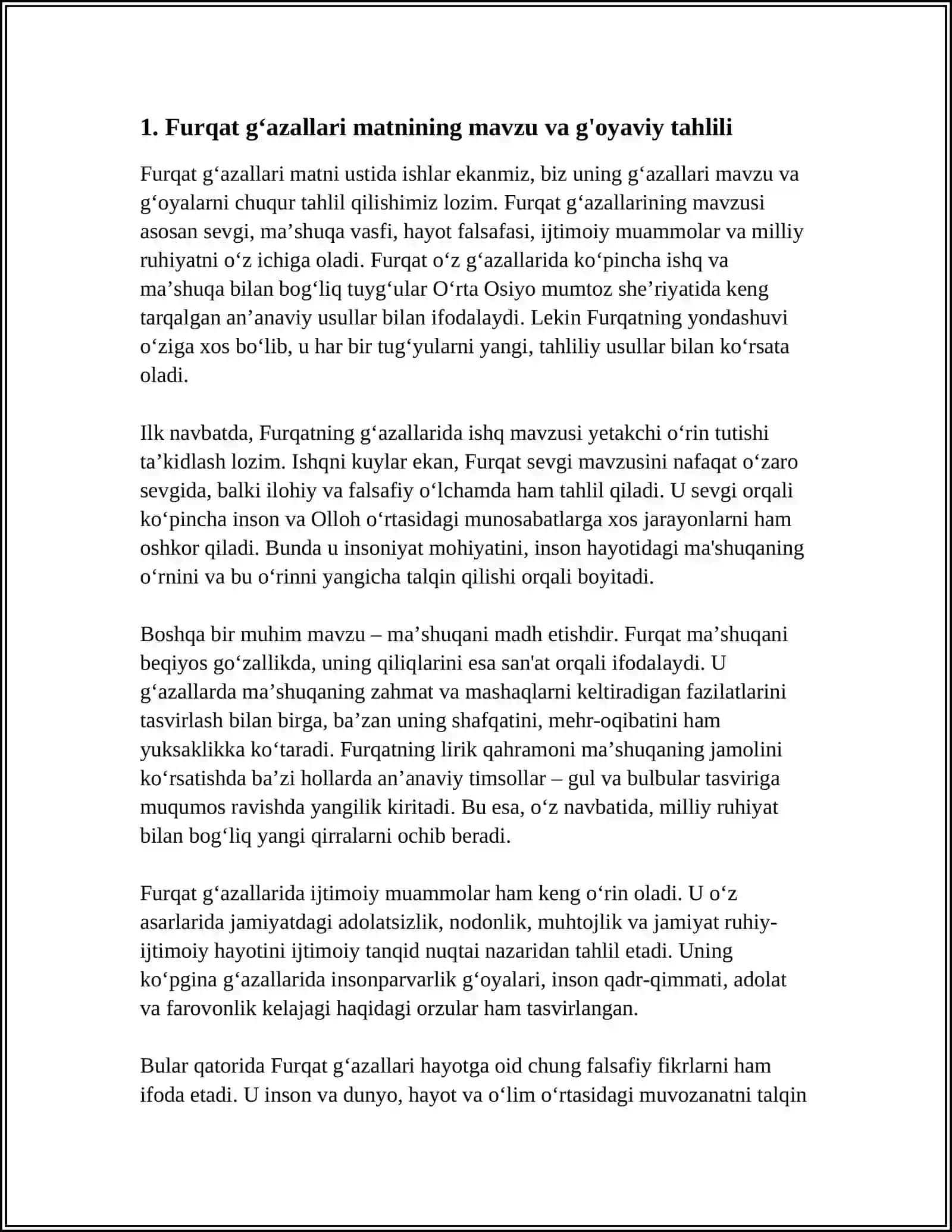 FURQAT GʻAZALLARI MATNI USTIDA ISHLASH 3