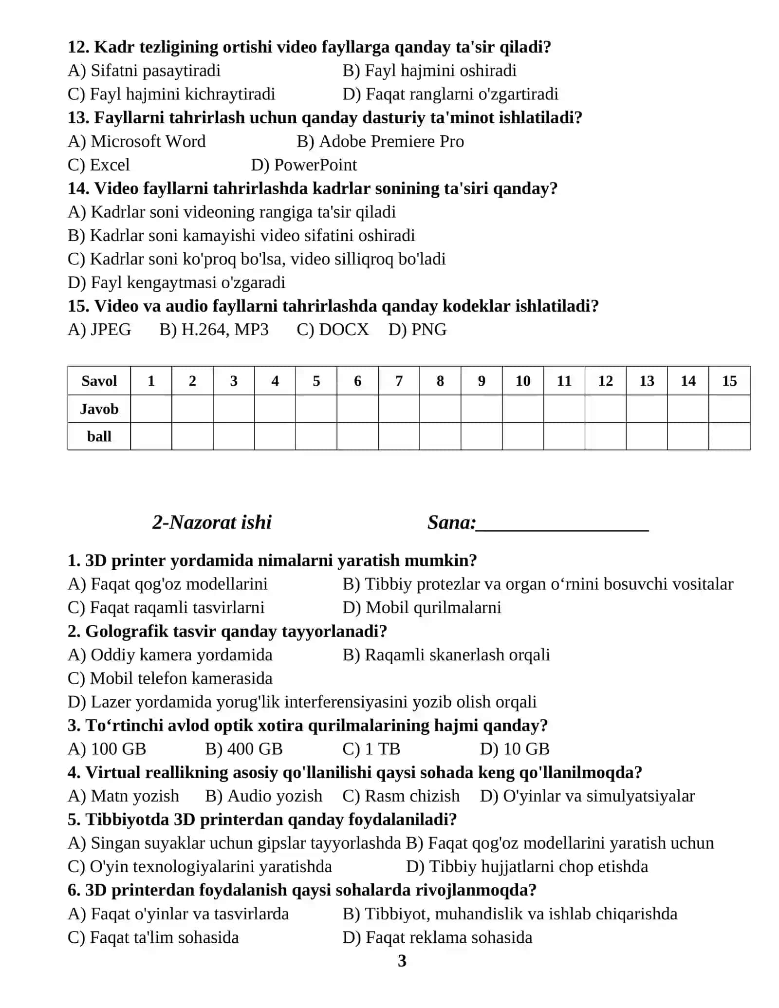 Informatika fanidan Nazorat Ishlari dafatari 3