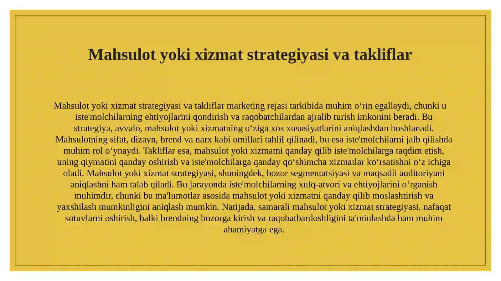 Marketing rejasi tarkibini izohlang. 3