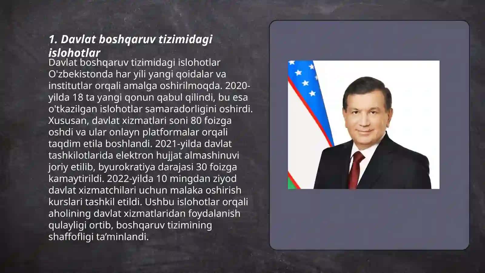 Yangi O’zbekistonda Prezident SH.M.Mirziyoyev rahbarligi tashabbusi ostida amalga oshirilayotgan islohotlar 3