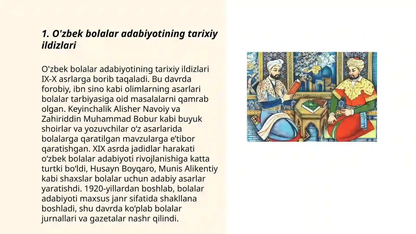 O'zbek bolalar adabiyoting vujudga kelishi va taraqqiyot xususiyatlari.Milliy uyg'onish harakati va uning o'zbek bolalar adabiyotini yuzaga keltirishdagi roli 3