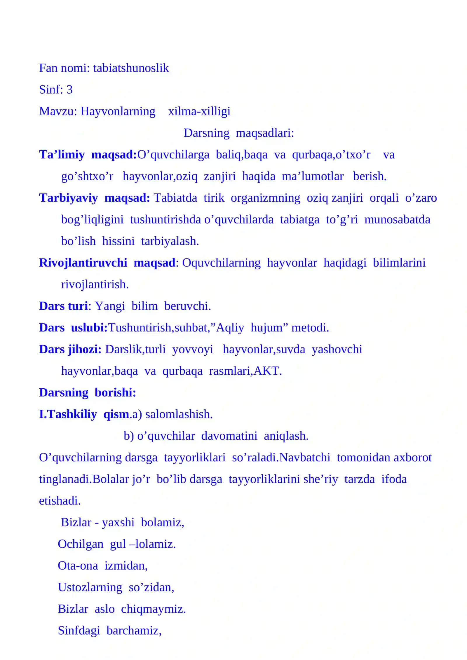 3-sinf Tabiiy Fan (Science) Hayvonlarning xilma-xilligi dars ishlanma 3