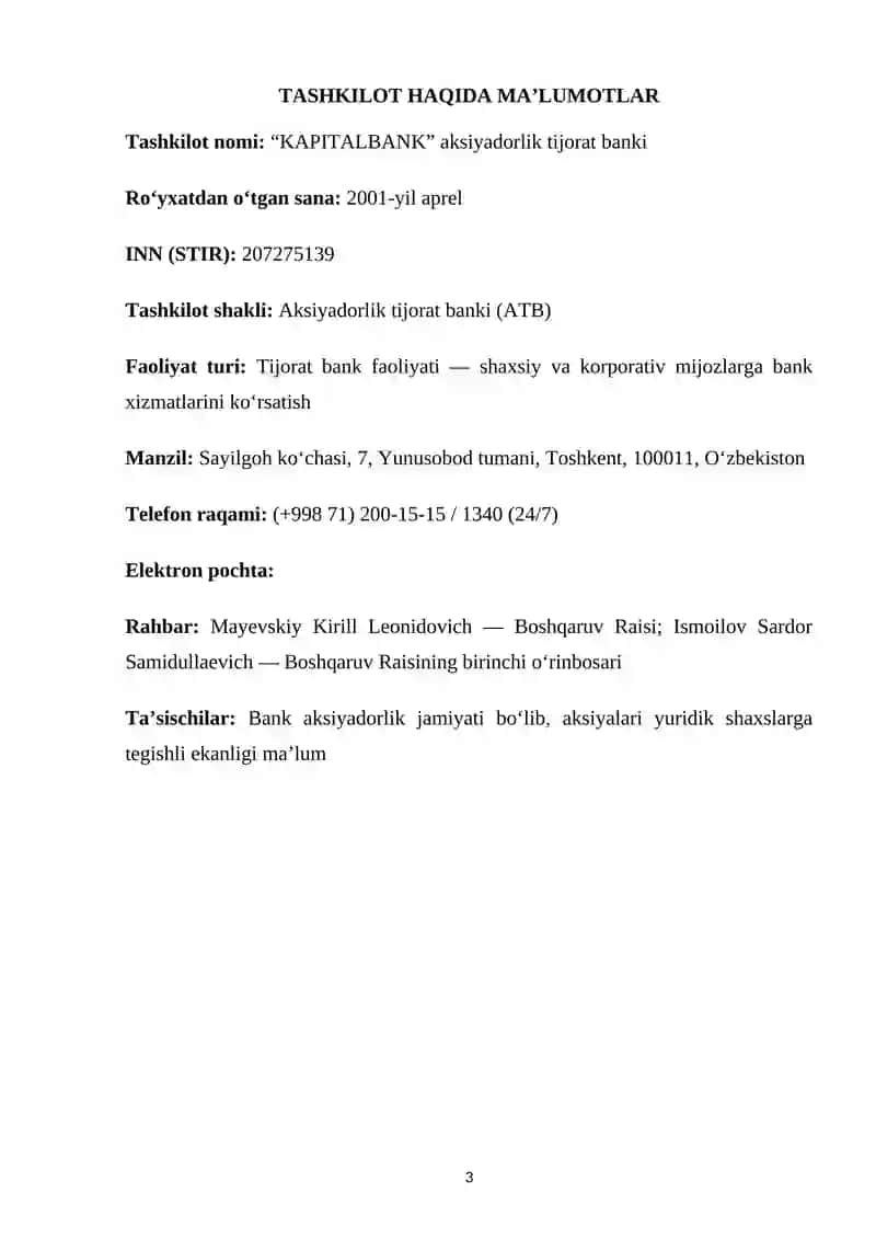 Kapital bank. AMALIYOT HISOBOTI. 3