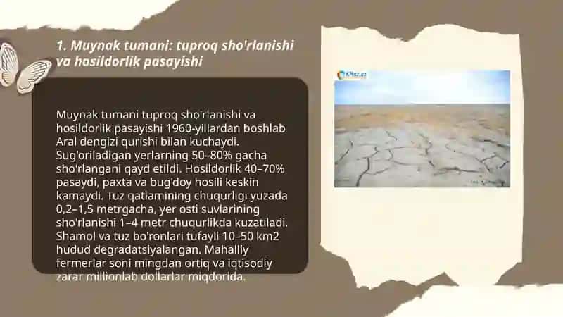 Orol fojiasi natijasida tuproq, florasi, faunasi zarar ko'rgan hududlar 3