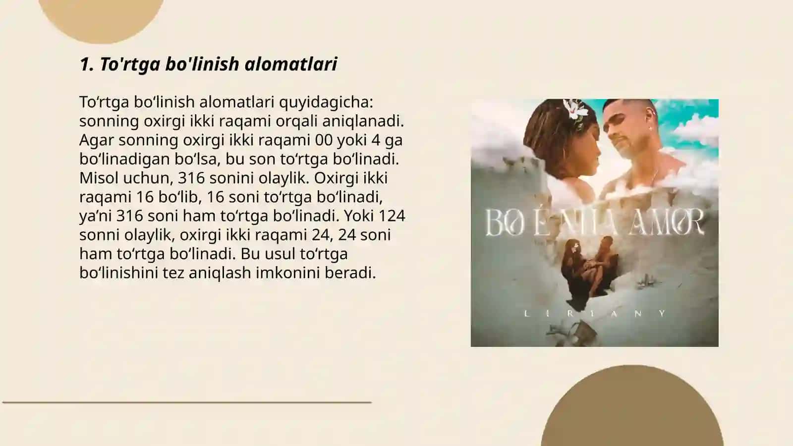 To'rtga bo'linish alomatlari 3