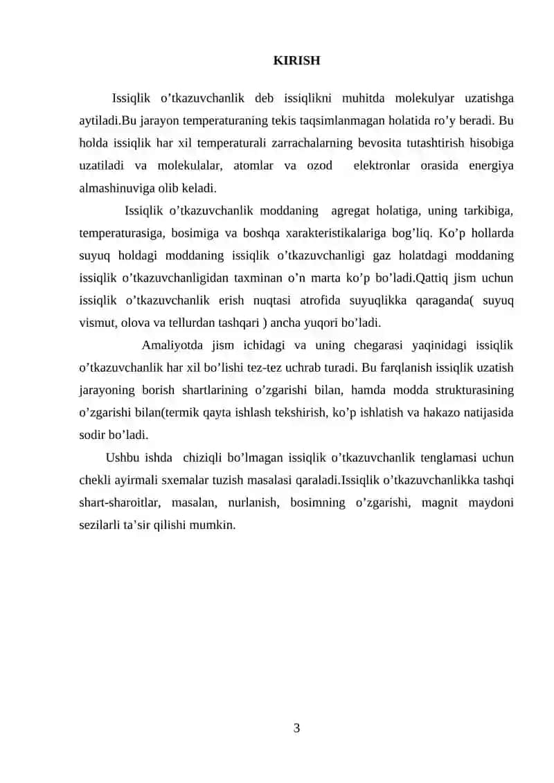 "Issiqlik o’tkazuvchanlik masalalarini chekli ayirmali sxemalar yordamida yechish" 3