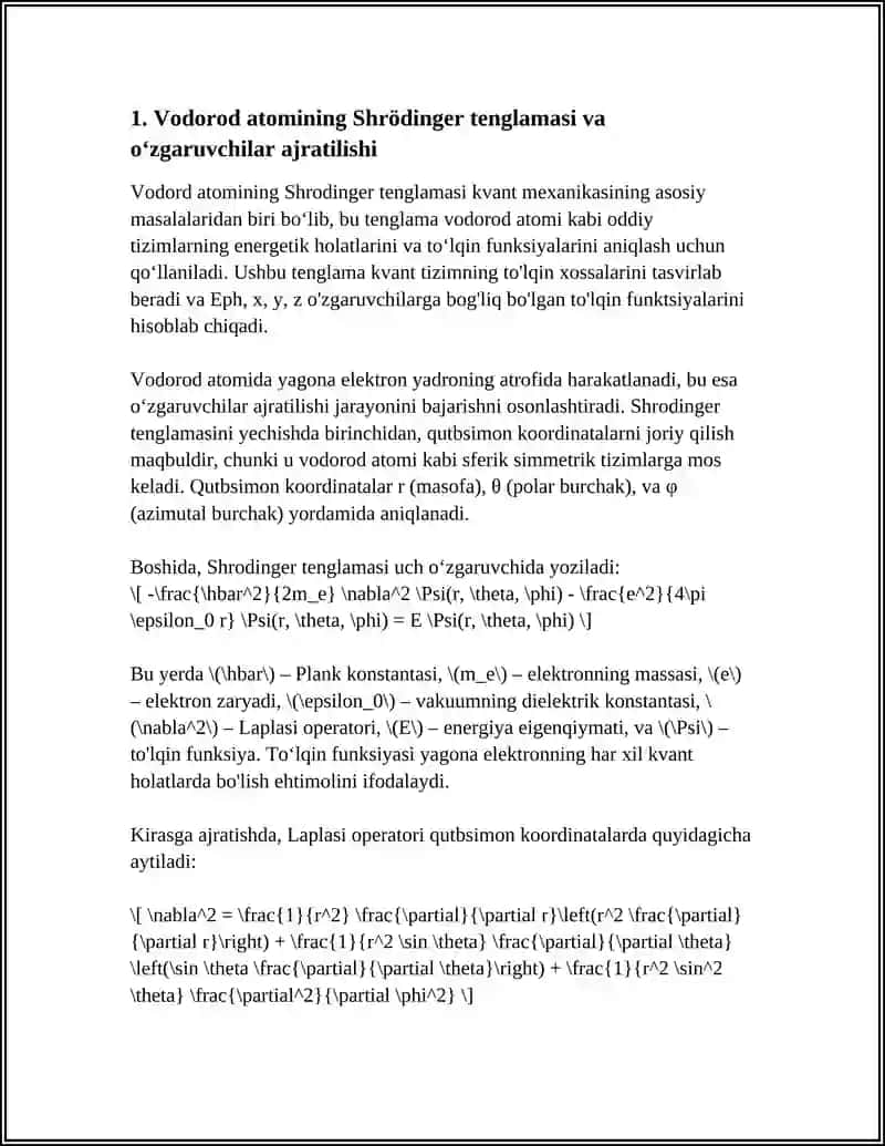 VODOROD ATOMI VA VODORODGA OʻXSHASH ATOMLAR NAZARIYASI 3