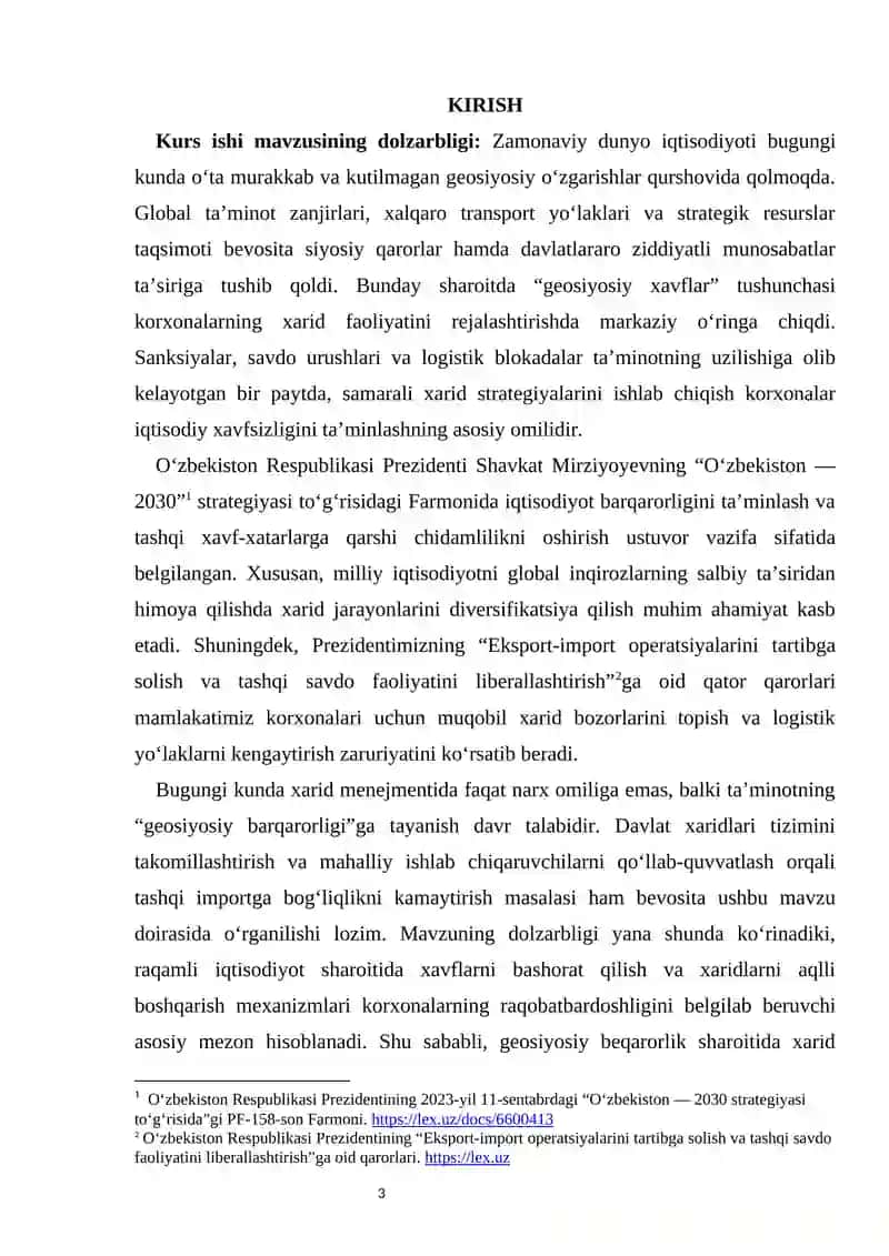 Geosiyosiy xavflar va xarid strategiyalari kurs ishi 3
