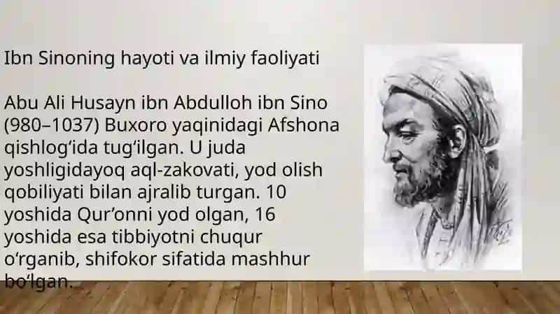 Abu Ali Ibn Sino ijodi va faoliyati. "Tib qonunlari" asarining olamshumul ahamiyati. Abu nasr Forobiy asarlarini oʻrganishning dolzarbligi 3