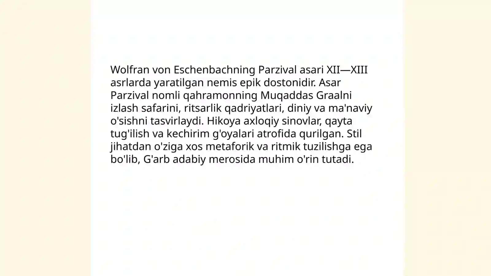 Wolfran von Eschenbach Parzival uzbekcha 3
