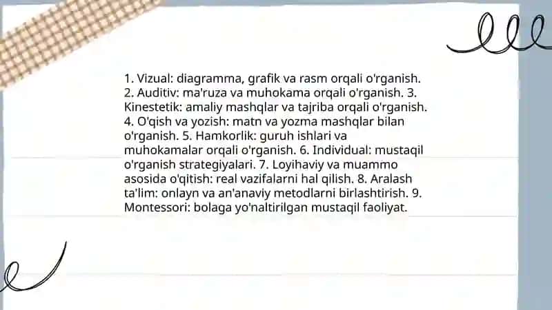 O'qitish va o'rganish uslublarining turlari 3