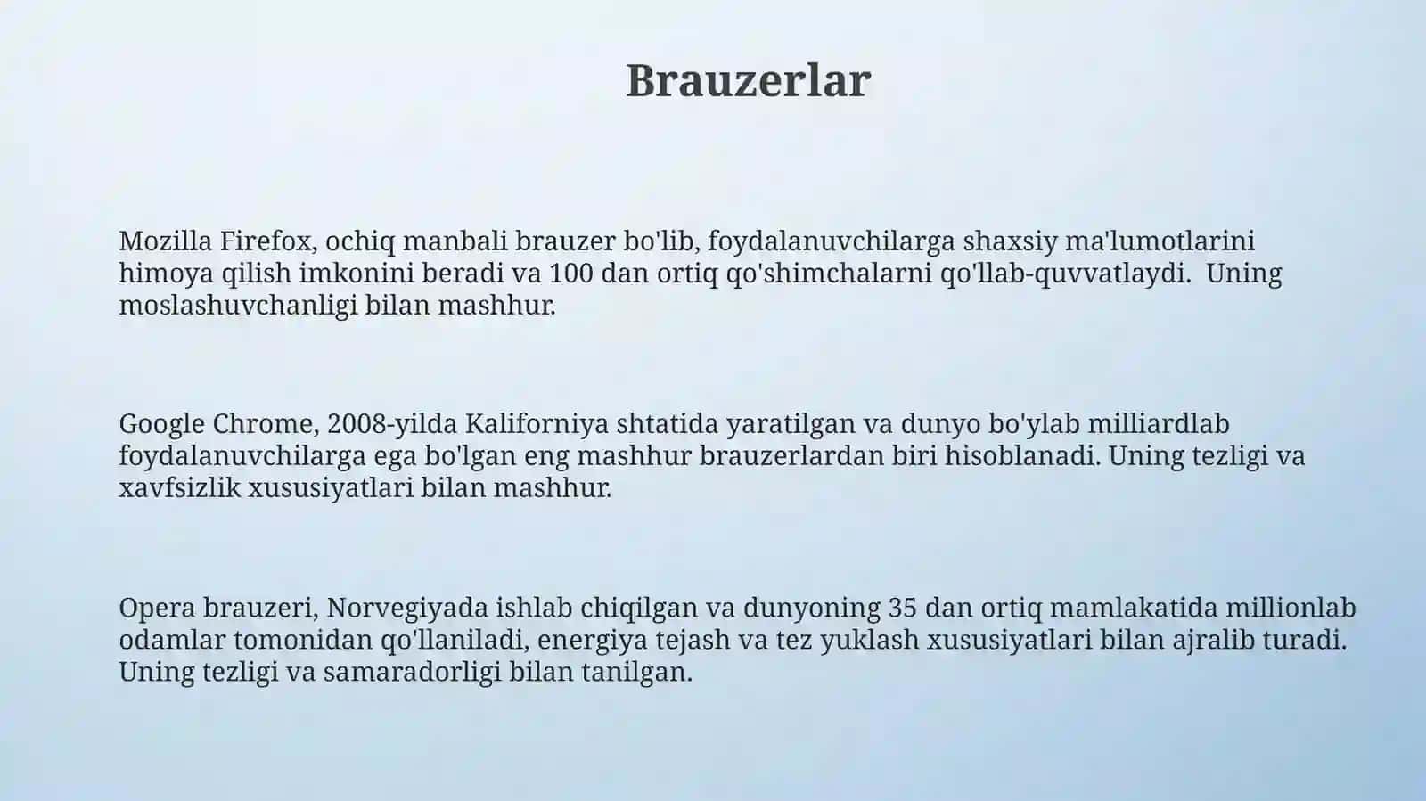 Internetdan axborotlarni qidirish. Qidirish tizimi. Brauzerlar 3