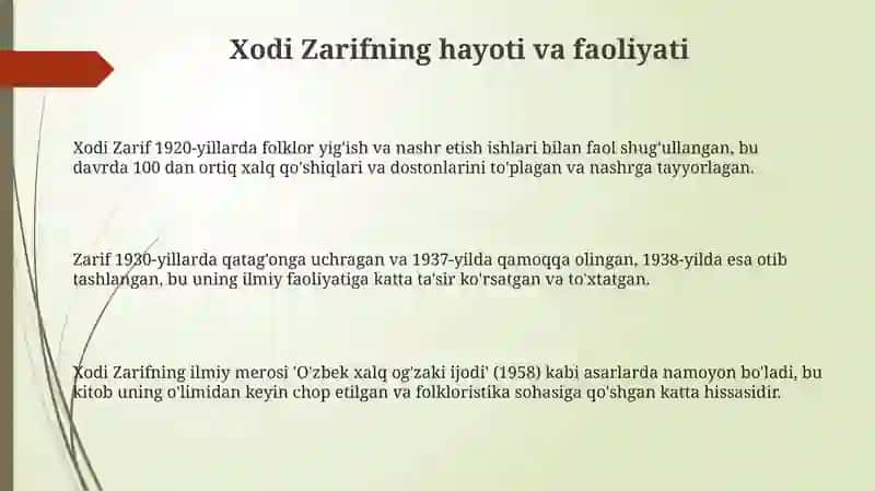 Xodi Zarif oʻzbek folklor shunosligining asoschisi 3