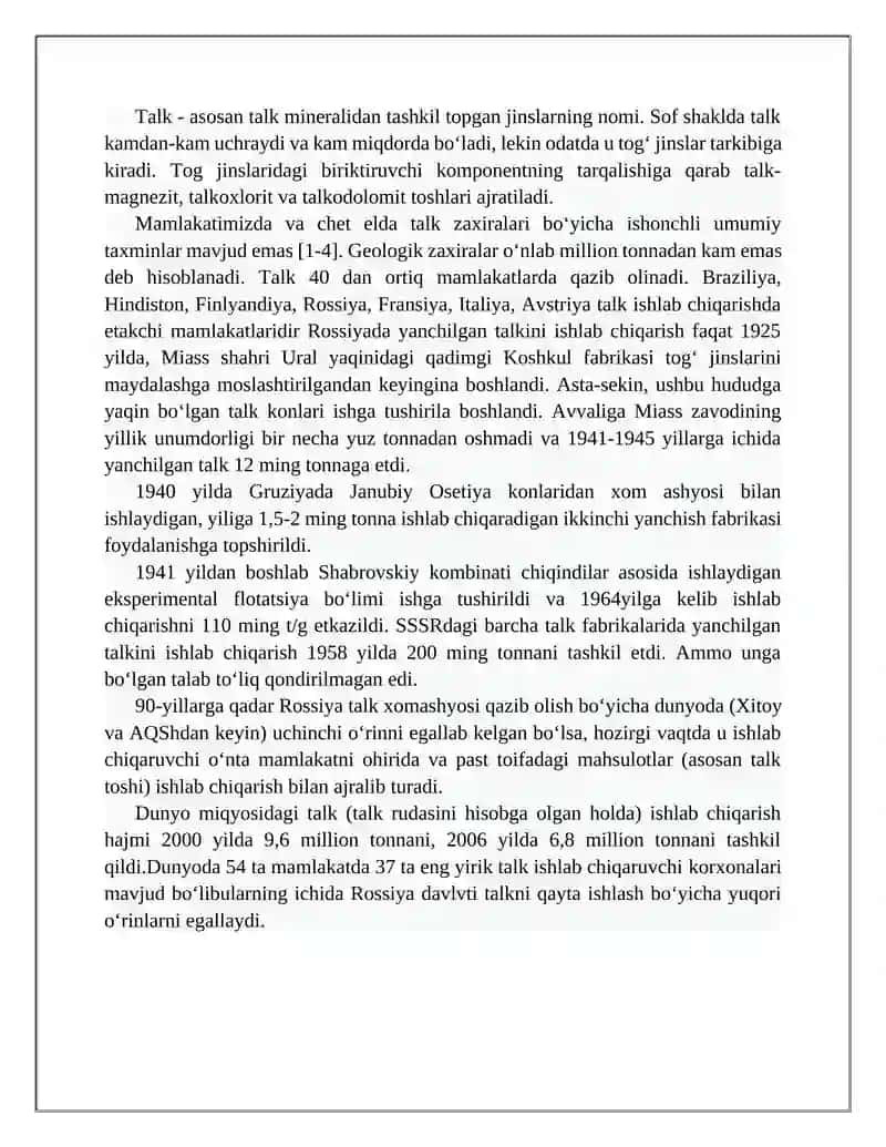 Talk rudalarini boyitish.Talkning xususiyatlari va qo‘llanilishi 3