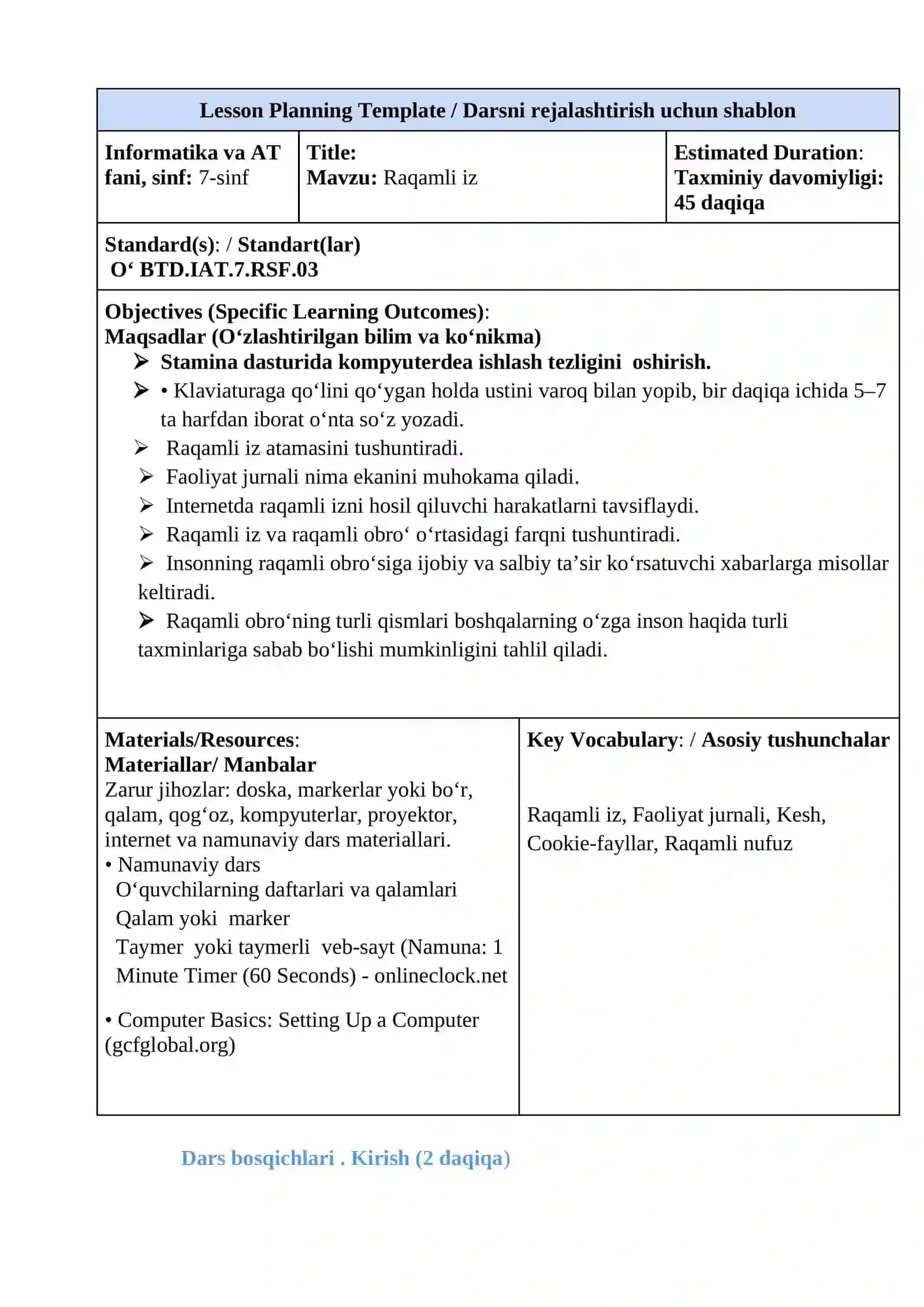 7-sinf Informatika fanidan Raqamli iz mavzusida bir soatlik ochiq dars ishlanma 3