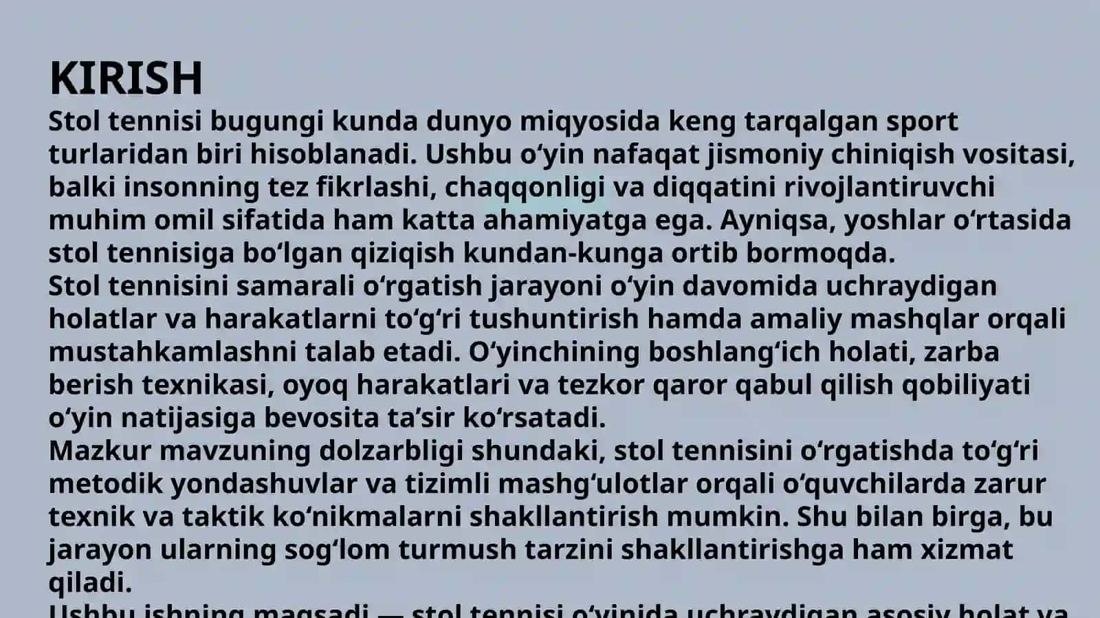 STOL TENNIS OʻYINIDA UCHRAYDIGAN HOLAT VA HARAKATLARGA OʻRGATISH 3