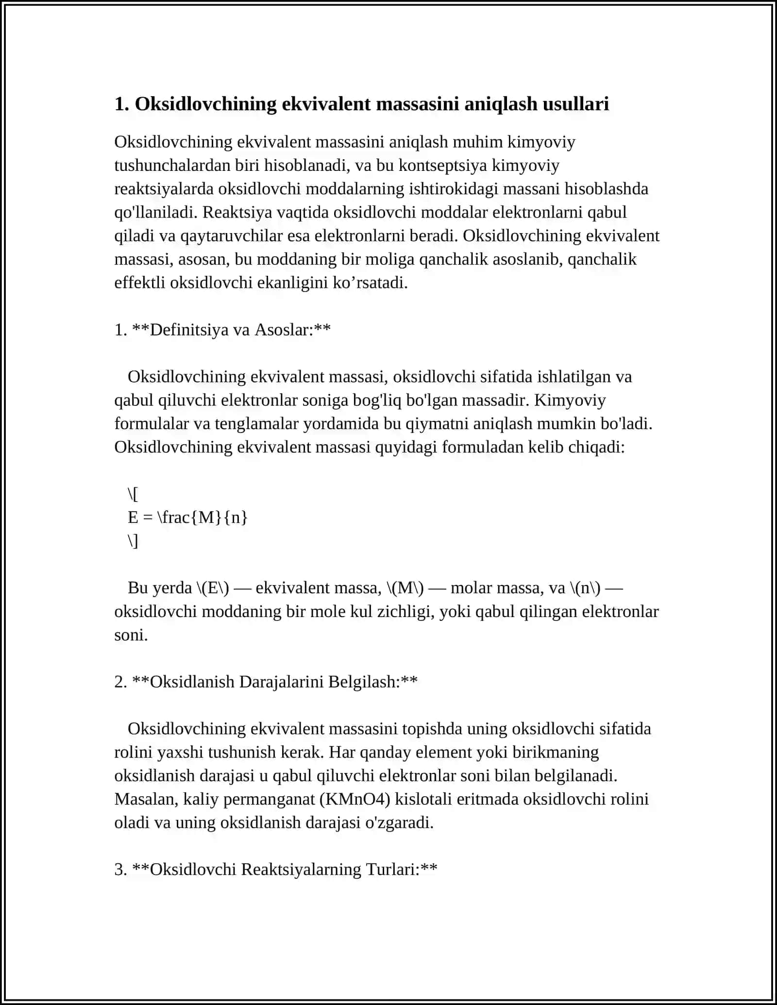 OKSIDLOVCHI VA QAYTARUVCHINING EKVIVALENT MASSASINI ANIQLASH 3