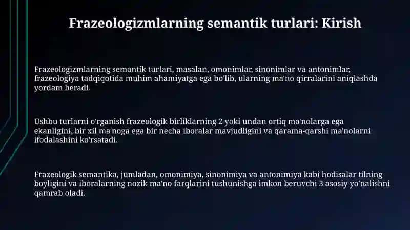 Frazemalarning semantik turlari:omonim,sinonim,amtonimiboralar 3