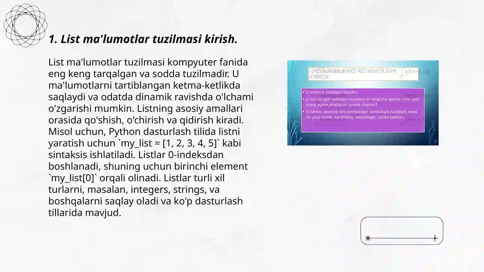 List ma'lumotlar tuzilmasi va uning metodlari bilan ishlash 3