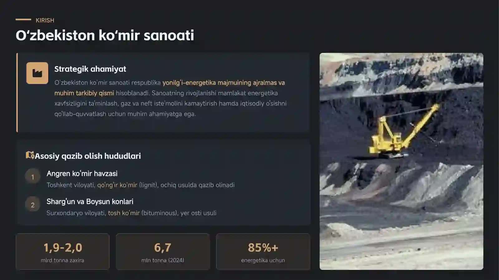 Ko'mir sanoati bo'yicha o'zbekiston rivojlanishi, zaxiralar va energetika sohasi xulosalari 3