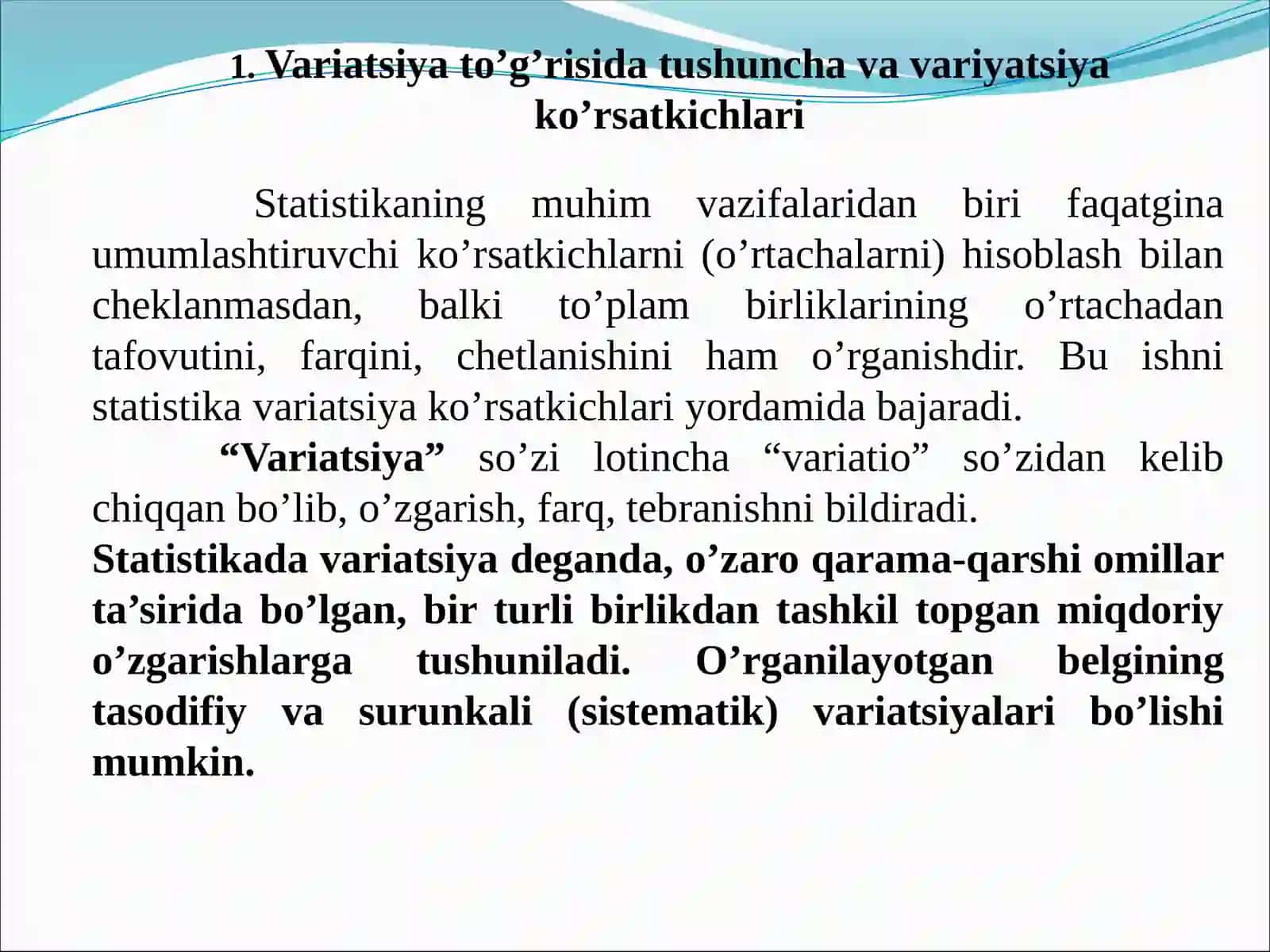 Statistikada variatsiyani baholash usullari va dispersion tahlil asoslari 3