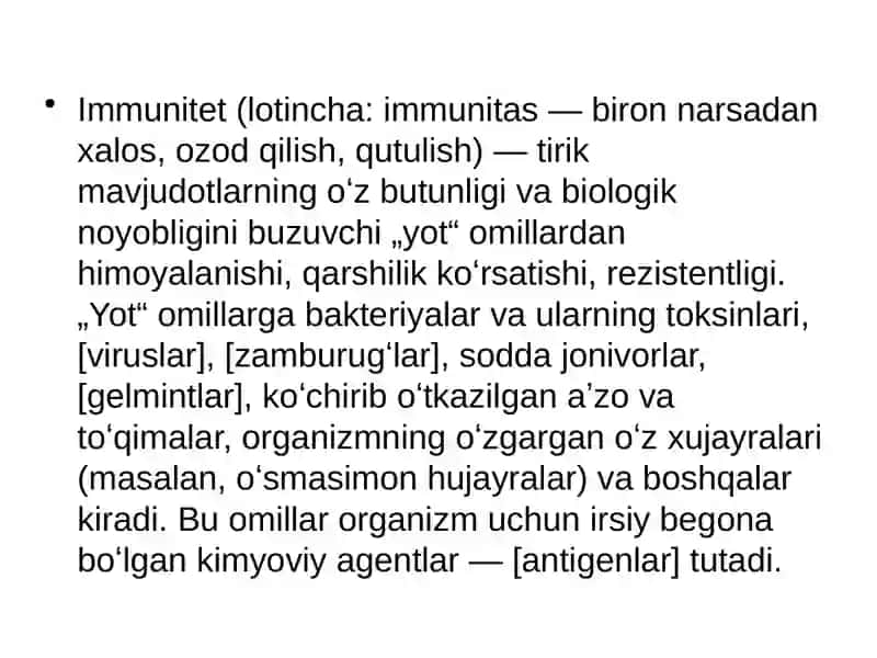 Immunitet (teoriyadari) g‘oyalari, fagotsitar, gumoral, klonal - seliksionva bosh. Asosiy gistomoslashuv kompleksining birinchi sinfi- HLA-A, -B va -C tip molekulalari, vazifasi 3