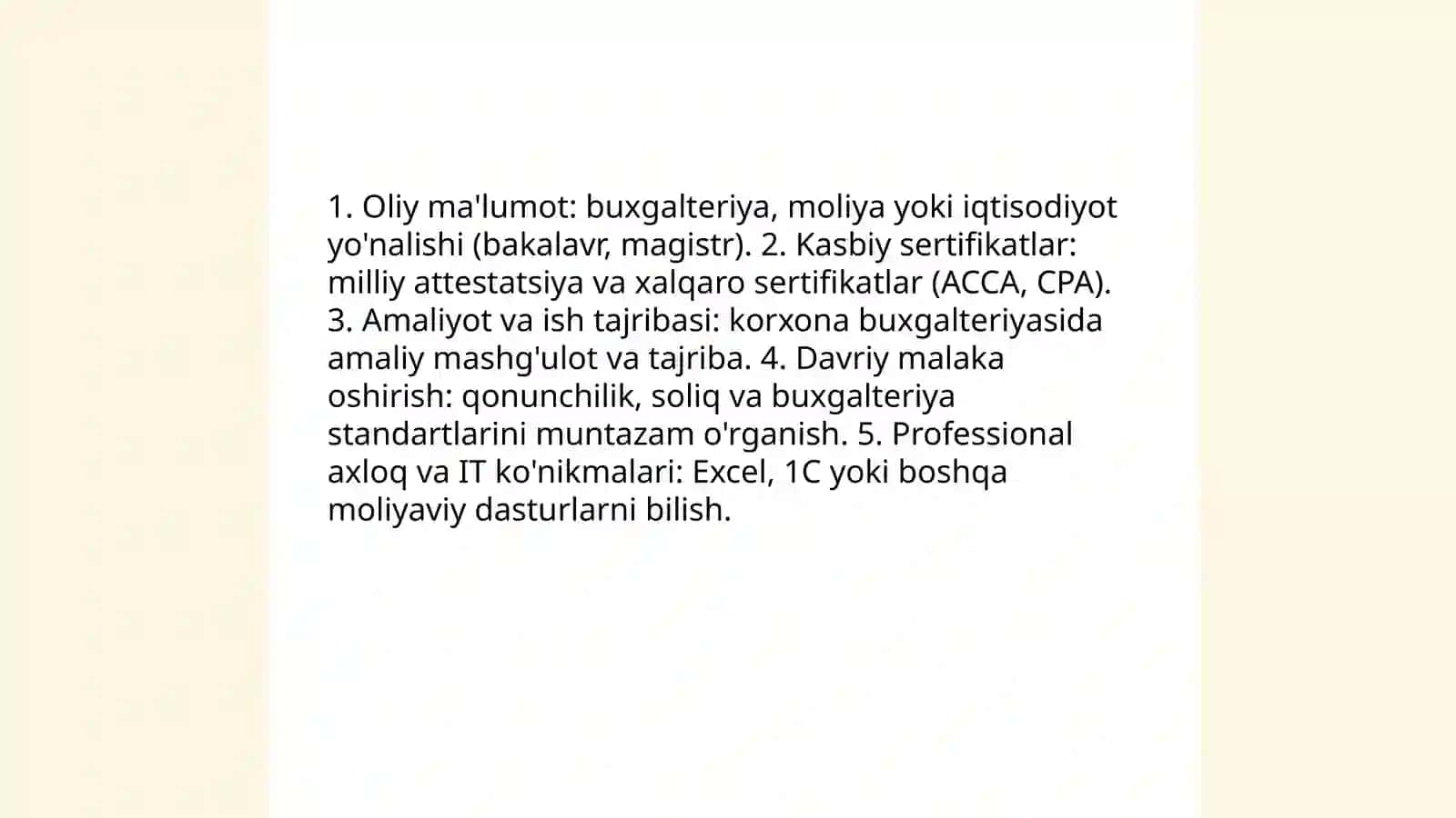 Buxgalter kasbiga qo'yiladigan talablar 3