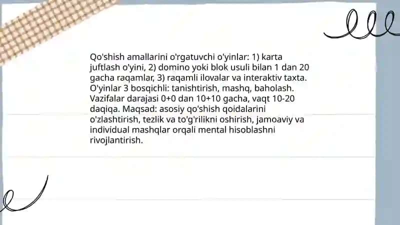 Arifmetik amallar va masalalarni bajartirishga yo'naltirilgan o'yinlar 3