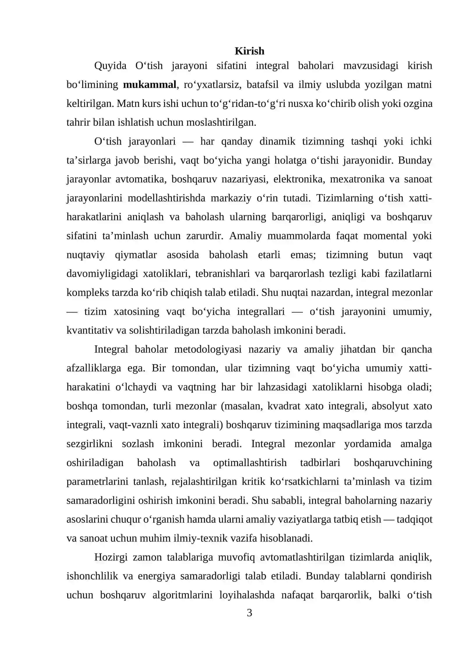 O‘tish jarayoni sifatini integral baholari 3