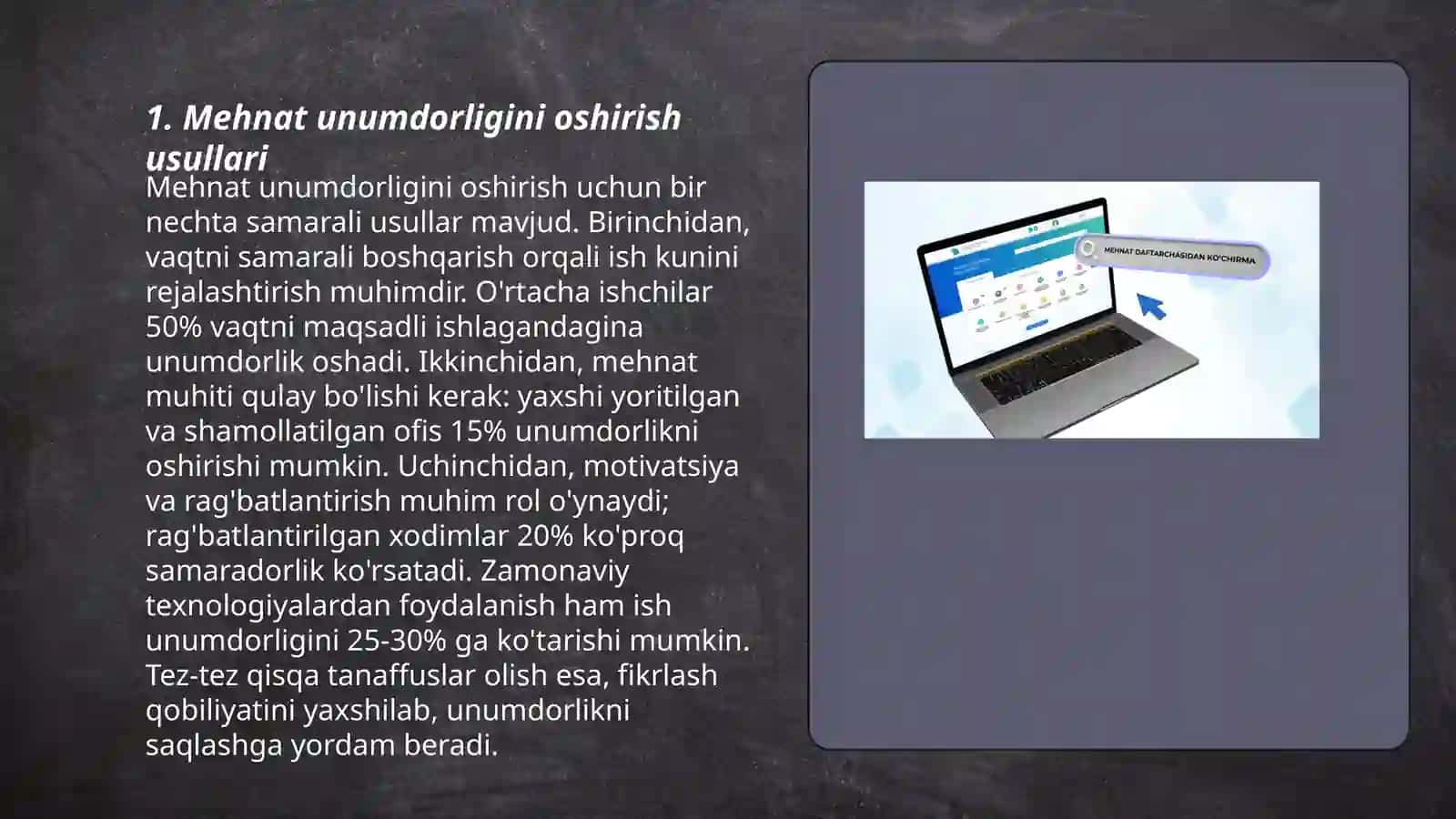 Mehnat unumdorligini oshirish usullari 3